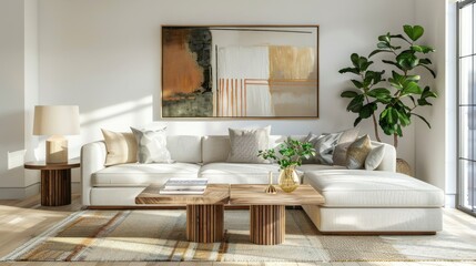 Modern Living Room Interior Design with a Colorful Abstract Painting Displayed on the White Wall. Wooden Furniture, White Sofa, Coffee Table, Window, and Green Plant Decoration