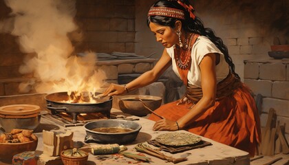 illustration of mayan woman cooking, prehispanic people in the kitchen
