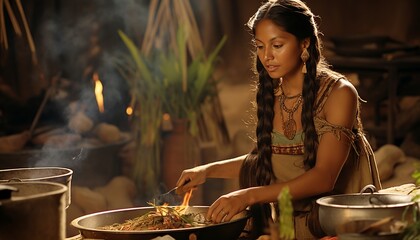 beautiful mayan woman cooking, prehispanic indoors, pre hispanic culture, inca indian from ancient Americas