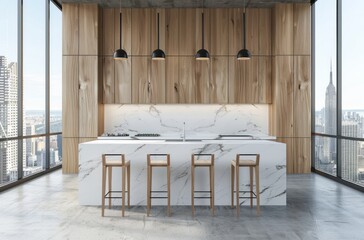 3D rendering of a white marble kitchen island with barstools in front, light wood cabinets on the sides and a concrete floor