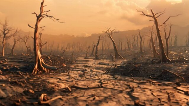 A cracked and parched earth with dead trees,