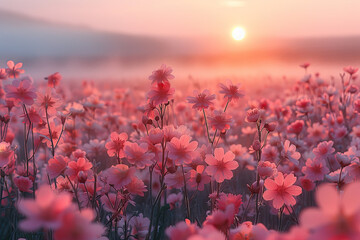 A field of pink and red flowers, with the sun setting in the background. The petals have an elegant shape, and there is mist around them. Created with Ai