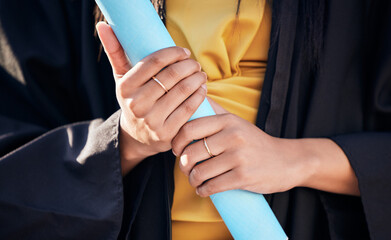 Graduation, hands and woman with degree scroll on university campus for education achievement....