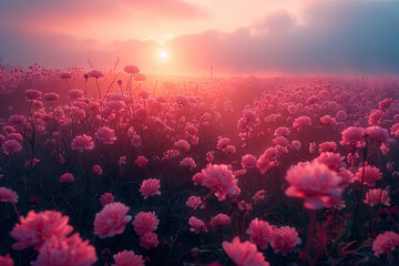 A beautiful field of pink and red flowers, bathed in the warm glow of sunrise, creating an enchanting scene with soft focus and a dreamy atmosphere. Created with Ai