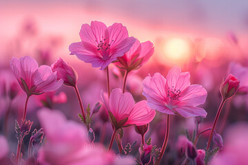  A beautiful field of pink and red flowers, with the sun setting in the background. Created with Ai 