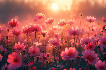 A field of pink and red flowers, the sun setting in the background, creating a warm glow over an array of blooming cosmos. Created with Ai
