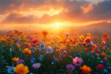 A beautiful sunrise over an endless field of vibrant wildflowers, creating a picturesque scene of nature's beauty. Created with Ai