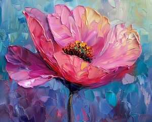Serene abstract oil painting featuring a magenta flower, palette knife application, vibrant and rich colors