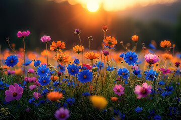 A beautiful sunrise over an endless field of wildflowers, with vibrant colors and a sense of hope in the air. Created with Ai 