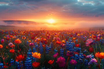 A vibrant field of wildflowers under the soft glow of sunrise, with colors reflecting in the misty morning light. Created with Ai