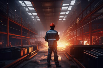 engineer is inspecting work in a factory and wearing a safety helmet