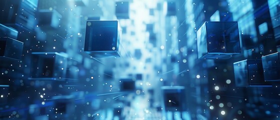 Digital 3D business design, featuring floating blue cubes in a corporate setting