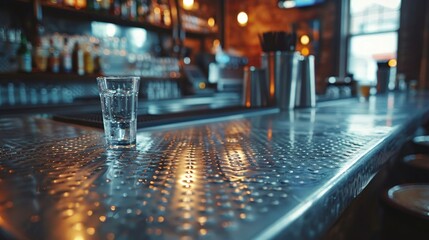 Metal bar counter, polished surface, bar stools, dim ambient lights, empty glasses