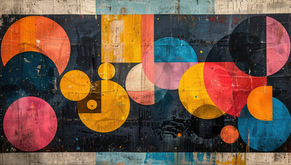 Abstract geometric wood wall art with colorful circles and squares on a rustic background. Created with Ai