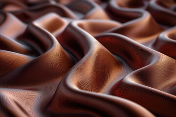 A closeup of the texture and flow of chocolate satin fabric, with swirling patterns that mimic liquid chocolate flowing down its surface. Created with Ai