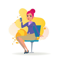 Office employee using mobile phone. Female character in formal suit sitting in chair and talking on smartphone. Vector illustration. Business, communication, technology concept for website design