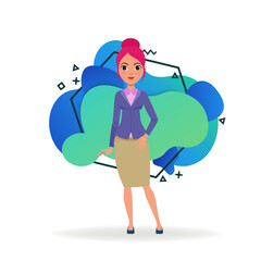 Office employee in formal suit. Full body of modern female cartoon character with pink hair flat vector illustration. Occupation, work, fashion concept for banner, website design or landing web page