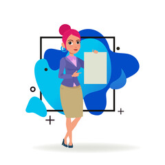 Office employee with pink hair holding blank document. Female character in formal wear pointing at sheet of paper. Vector illustration. Business, advertising concept for website design, landing page
