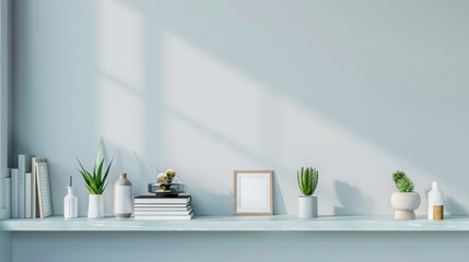 Fototapeta na wymiar Shelf units with stylish decor near light wall