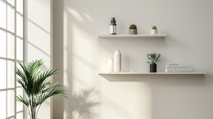 Shelf units with stylish decor near light wall