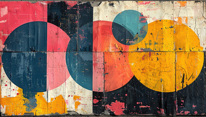 Abstract geometric shapes, circles and squares in bold colors on rustic wood paneling. Created with Ai