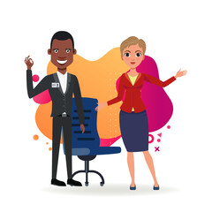 Office employees in formal wear gesturing. African American man showing OK sign, Caucasian woman with open hands. Vector illustration. Greeting, office, gesturing concept for web design, landing page