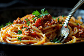  Photo of Spaghetti Bolognese on black plate. Created with Ai