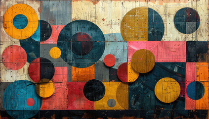  A wooden wall mural depicting an abstract composition of colorful circles and squares. Created with Ai