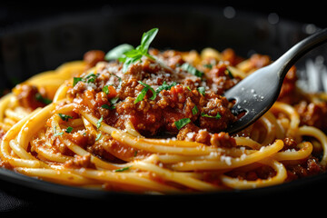 Photo of Spaghetti Bolognese on black plate. Created with Ai