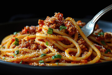 A mouthwatering closeup of spaghetti bolognese, adorned with herbs and ground meat. Created with Ai