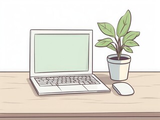 Fototapeta premium clean desk setup with a laptop and single plant