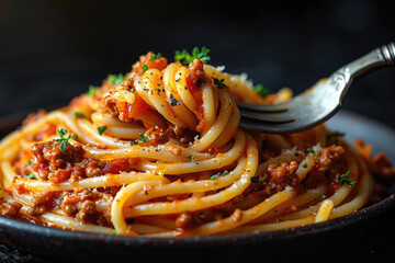  Photo of Bolognese Spaghetti on a black plate in a photorealistic and cinematic shot. Created with Ai
