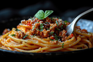 Photo of Spaghetti Bolognese on a black plate. Created with Ai