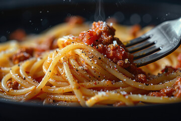  Closeup of spaghetti bolognese on a black plate, with a fork holding pasta and sauce. Created with Ai