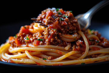  Photo of Bolognese sauce on spaghetti, closeup shot with fork pulling the pasta from plate. Created with Ai