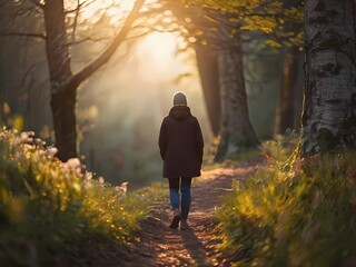 person walking in the forest