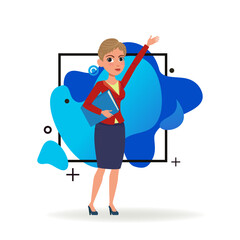 Serious woman with short haircut pointing upwards with hand. Female character in formal wear with folder. Vector illustration. Business, advertising concept for banner, website design, landing page