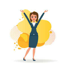 Successful businesswoman raising hands up. Female cartoon character in formal suit celebrating success. Flat vector illustration. Business, success, leadership concept for website design, landing page