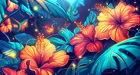 tropical leaves and exotic flowers in bright colors
