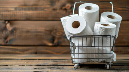 Shopping basket with rolls of toilet paper on wooden b