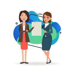 Two business women with blank document. Female cartoon characters in formal wear. Flat vector illustration. Agreement, advertising, paperwork concept for banner, web design, landing page