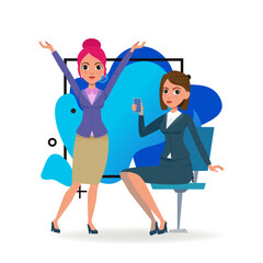 Two businesswomen celebrating success in office. Female cartoon characters with raised hands and smartphone. Flat vector illustration. Work, sales, colleagues concept for website design, landing page