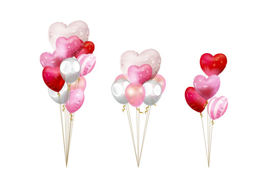 A set of balloon strings, heart-shaped and round balloons, red and pink, silver, suitable for parties, events, birthdays