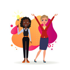 Two businesswomen having new idea for business. African American and Caucasian characters in formal wear with lightbulb. Vector illustration. Business, startup, success concept for banner, web design