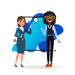 Two businesswomen with lightbulb. African American and Caucasian characters in formal wear having new idea for business. Vector illustration. Business, startup, success concept for banner, web design