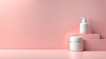 a pink room with a white container and a bottle