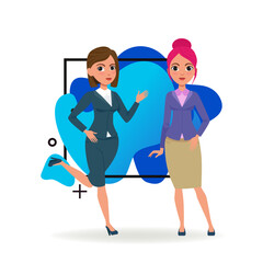 Two female office employees in formal wear. Business cartoon characters hurry to work. Flat vector illustration. Work, office, colleagues concept for banner, website design or landing page