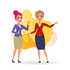 Two female office workers pointing at copyspace. Business cartoon characters in formal wear. Flat vector illustration. Business, advertising, marketing concept for banner, website design, landing page