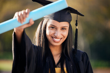 Graduation, excited and portrait of woman with degree on university campus for education...