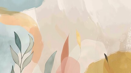 abstract composition with fluid shapes and pastel tones featuring a green leaf and a white wall